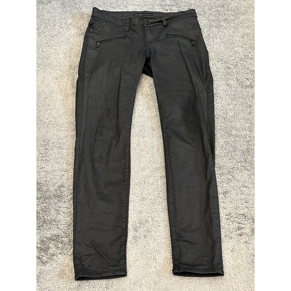 Rock & Republic Jeans Womens 10S Black Metallic Shiny Kashmiere Skinny